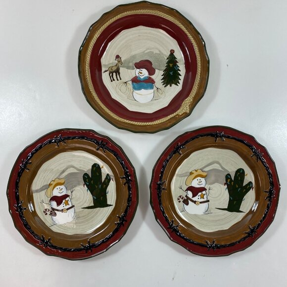 Sonoma Set 3 Happy Trails Holiday Plates 9" Ceramic China Desert Snowman Cactus - Picture 1 of 8